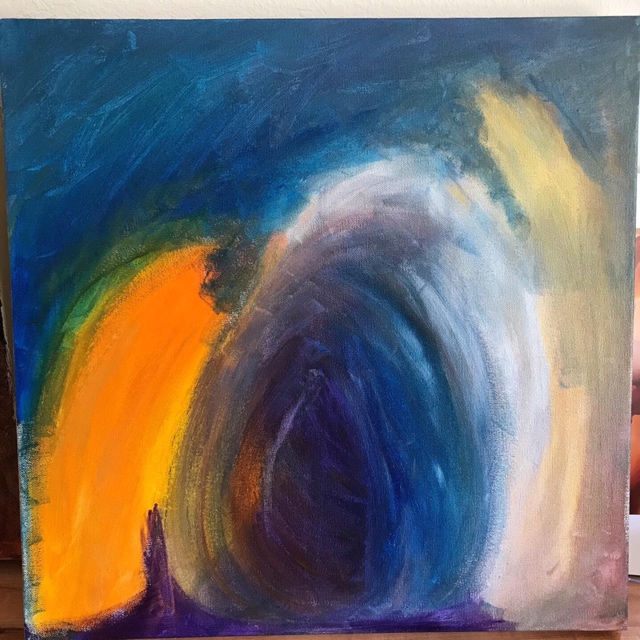 Abstract acrylic painting by the author in deep blues, muted golds, pulsing purples and vibrant orange. 