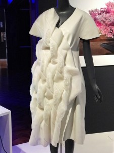 The Cilllia dress is an off-white. It has short sleeves, is knee-length and has patches of the cillllia sticking up at right angles to the surface of the dress. Cilllia by Jifei Ou
Photo: J Hartnett-Henderson © 2019