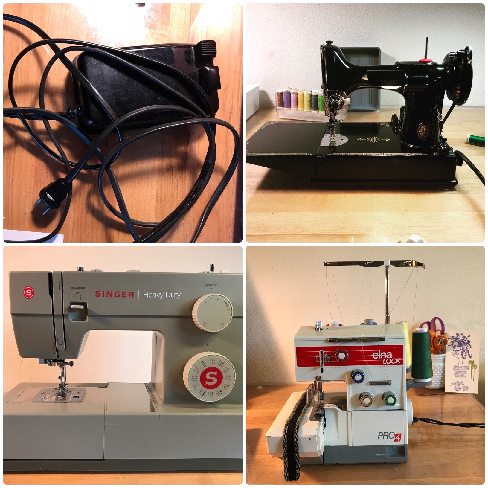 Sewing Equipment: a Singer Featherweight sewing machine and foot controller, a Singer Heavy Duty sewing machine and an Elna Lock serger