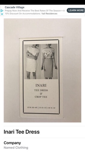 Inari Tee Dress Pattern image in the app along with the name of the company that made it, Named Clothing