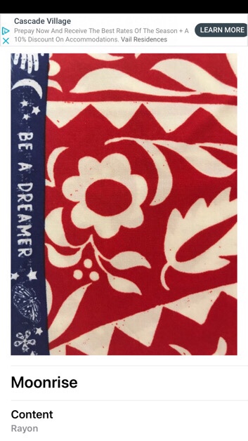 Moonrise fabric photo in the app along with name of fabric, Moonrise, and fabric content, Rayon