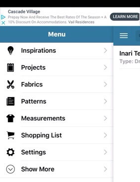 iSewMe hamburger menu showing inspirations, projects, fabrics, patterns, measurements, shopping list, settings and more. 