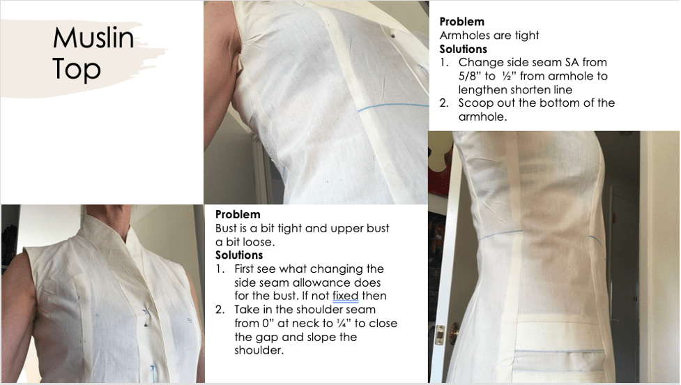 Images of problem areas in the muslin namely in the bust and armholes. 