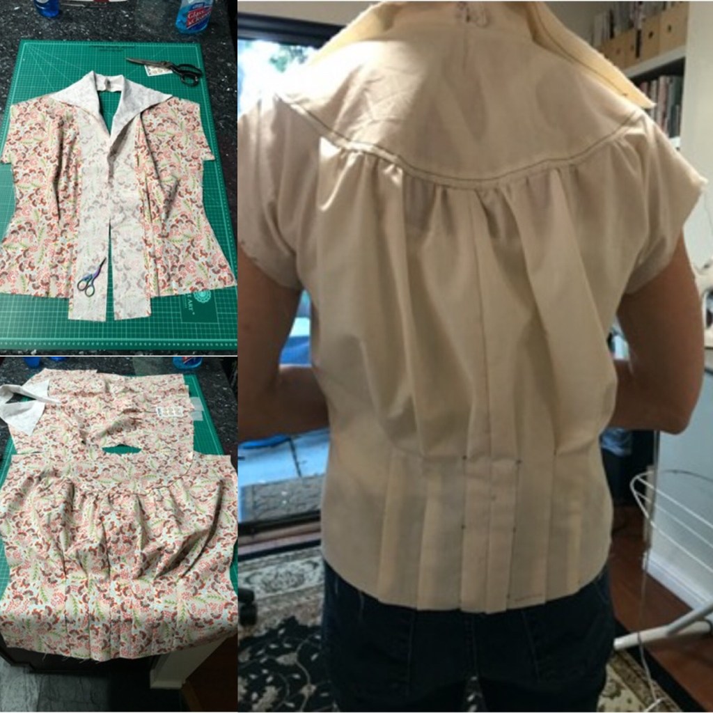 The blouse back made in muslin. The blouse front and back in floral fabric in construction. 