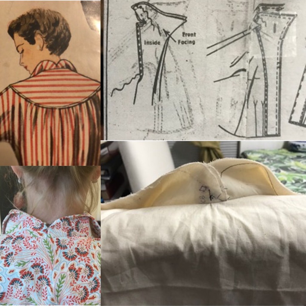 The collar illustration and instructions from the pattern. The collar back in muslin but crossed over and in floral fabric done with a dip. 