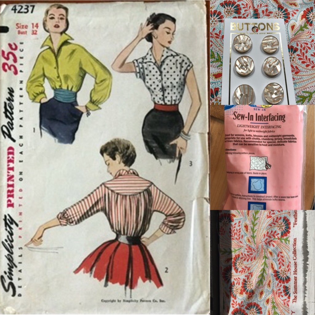 This collage the front of the pattern, the fabric, interfacing, and buttons.
