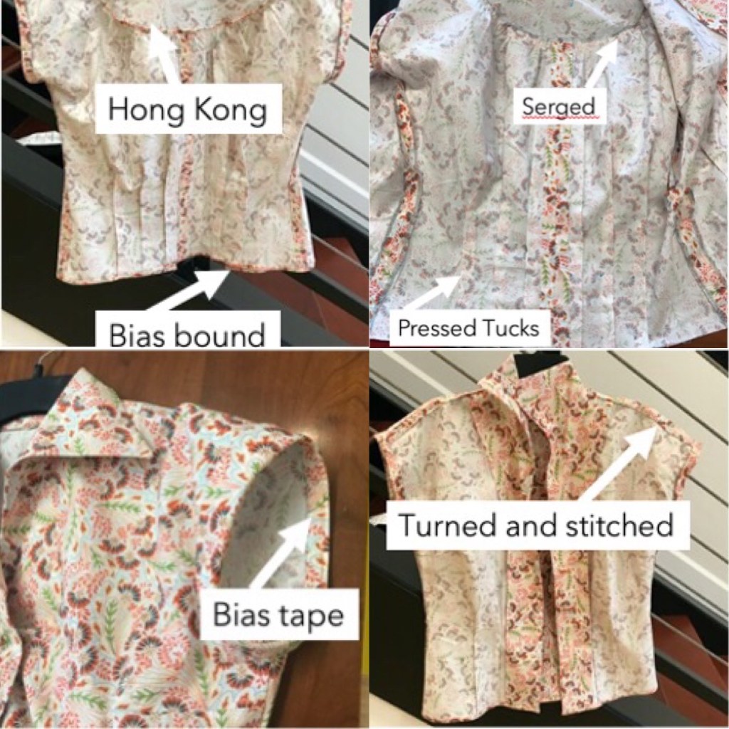 This collage has images of the shirt inside out with the seam finished spelled out and pointed to:
Hong Kong bound gathers
Bias bound hem
Serged gathers
Pressed tucksTurned and stitched shoulder binding
Bias tape sleeve binding