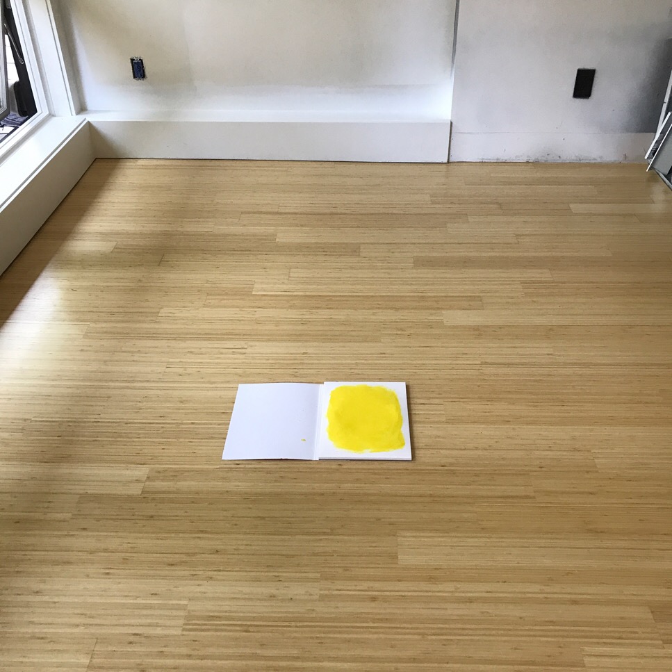 A 9" x 12" swatch of a yellow on the light bamboo floor and with the rest of the room including walls and windows in view to show how the color looks in the context of where it will live. 