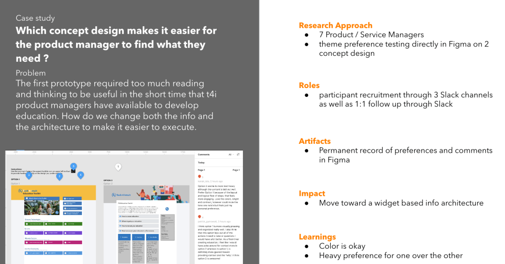 research comparing two different website themes in Figma and 7 Product and Service Managers provided feedback