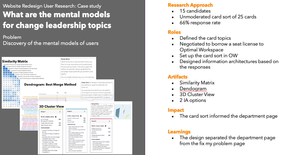 describes research approach including use of Similarity Matrix, Dendogram, 3D Cluster View and two information architecture options