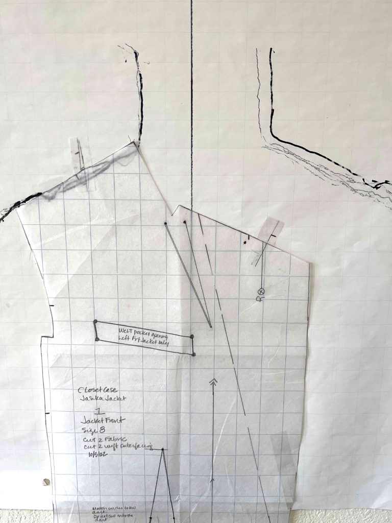 Tracing of the outline of my shoulders with front bodice pattern piece taped on top. 