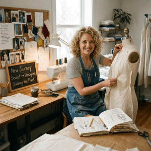 Designer fitting a white garment on a dress form; sign reads “New Journey: Sewist → Designer: Sharing the Pivot.”