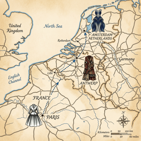 Map labeled Paris, France, Antwerp, Rotterdam, Amsterdam, Netherlands, United Kingdom, Germany, North Sea, and English Channel, with clothing illustrations and a route.