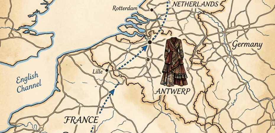 Map labeled Paris, France, Antwerp, Rotterdam, Amsterdam, Netherlands, United Kingdom, Germany, North Sea, and English Channel, with clothing illustrations and a route.