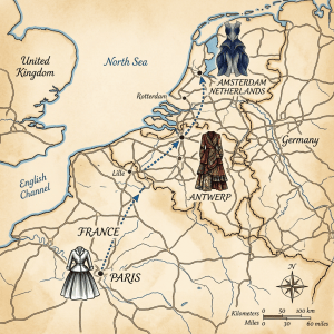 Map labeled Paris, France, Antwerp, Rotterdam, Amsterdam, Netherlands, United Kingdom, Germany, North Sea, and English Channel, with clothing illustrations and a route.